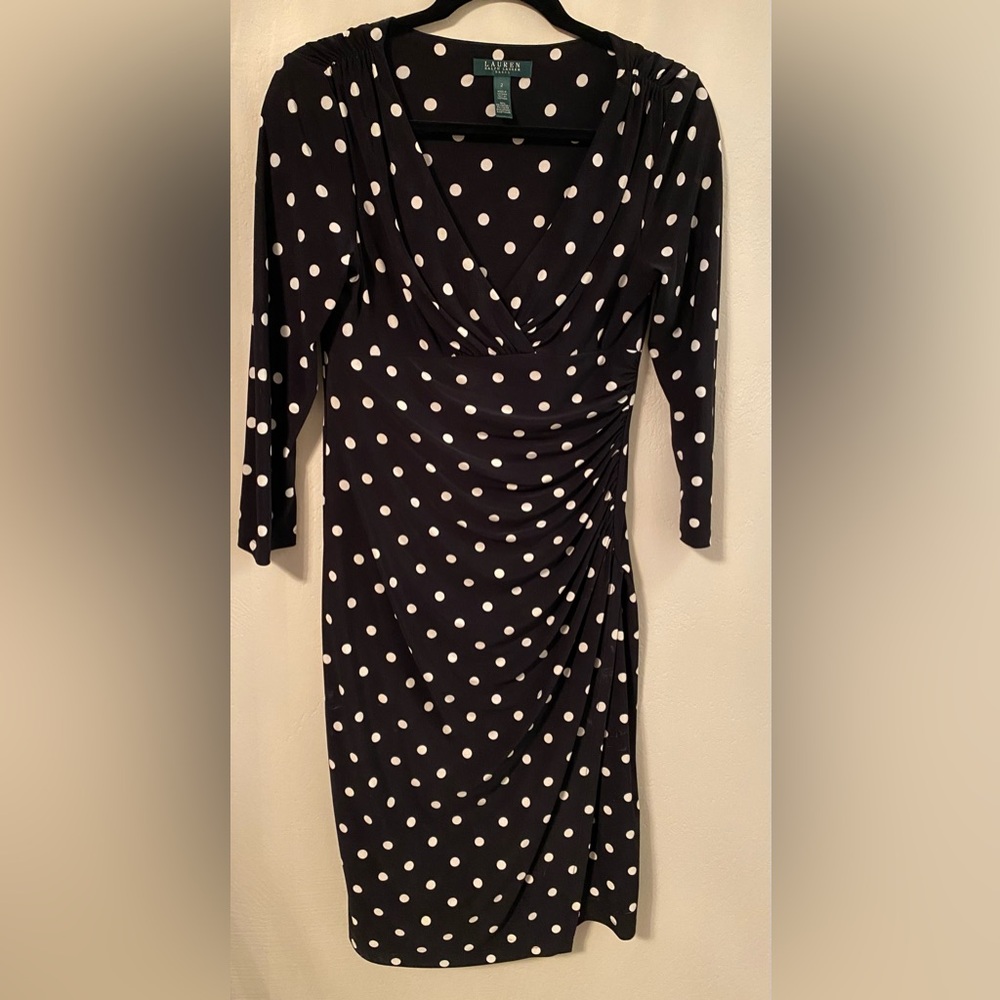 Ralph Lauren Black and White Ruched Wrap Sheath Dress